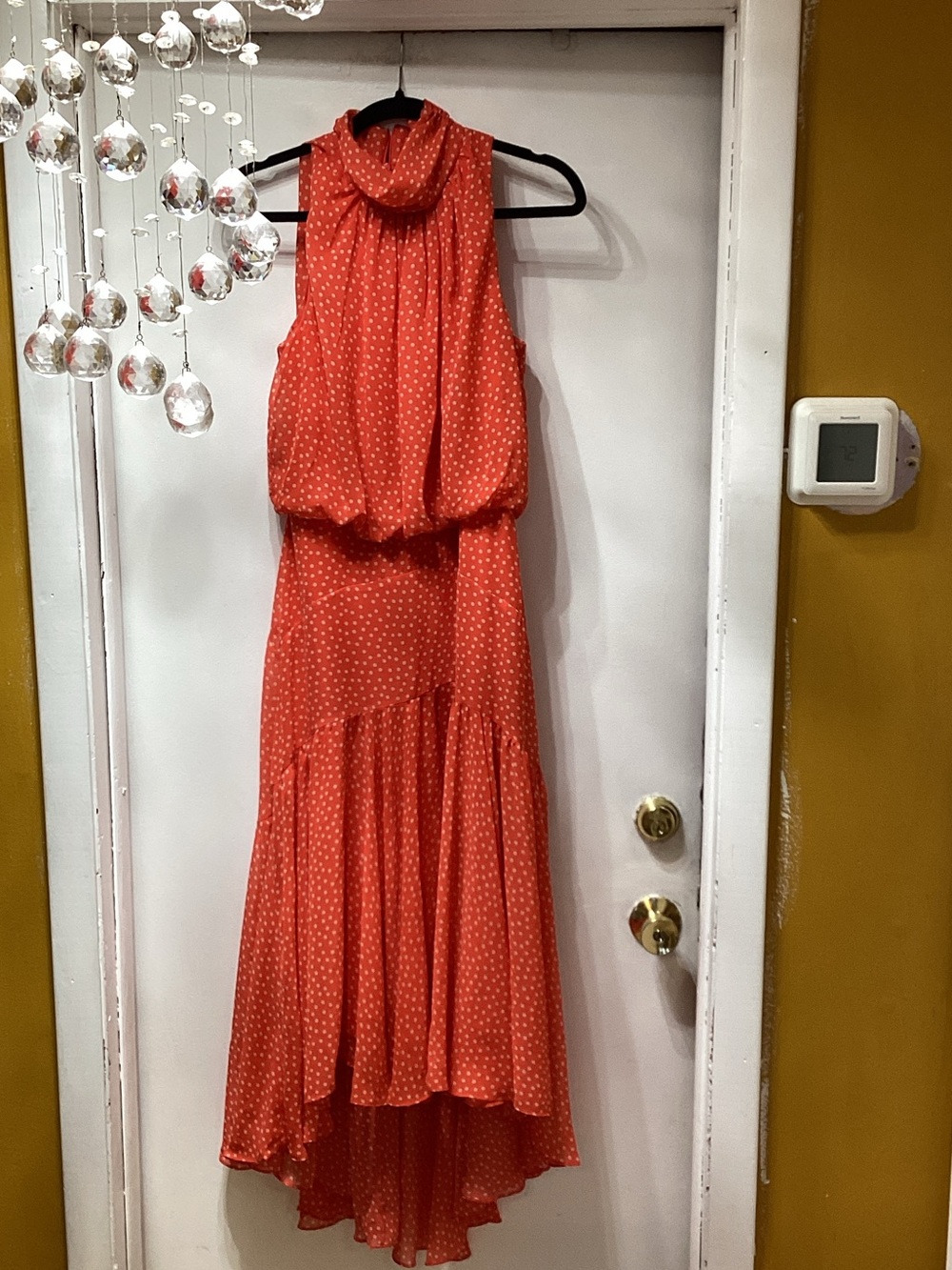 Taylor Coral Red Polka Dot Sleeveless High-Low Dress